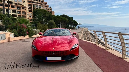 ferrari roma spider in red color parked on fontvieille monacov